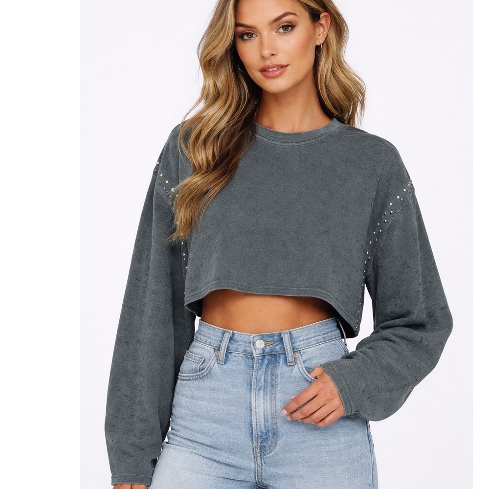 Distressed Studded Cropped Sweatshirt Grunge Gray‎ Drop Shoulder Women's Small